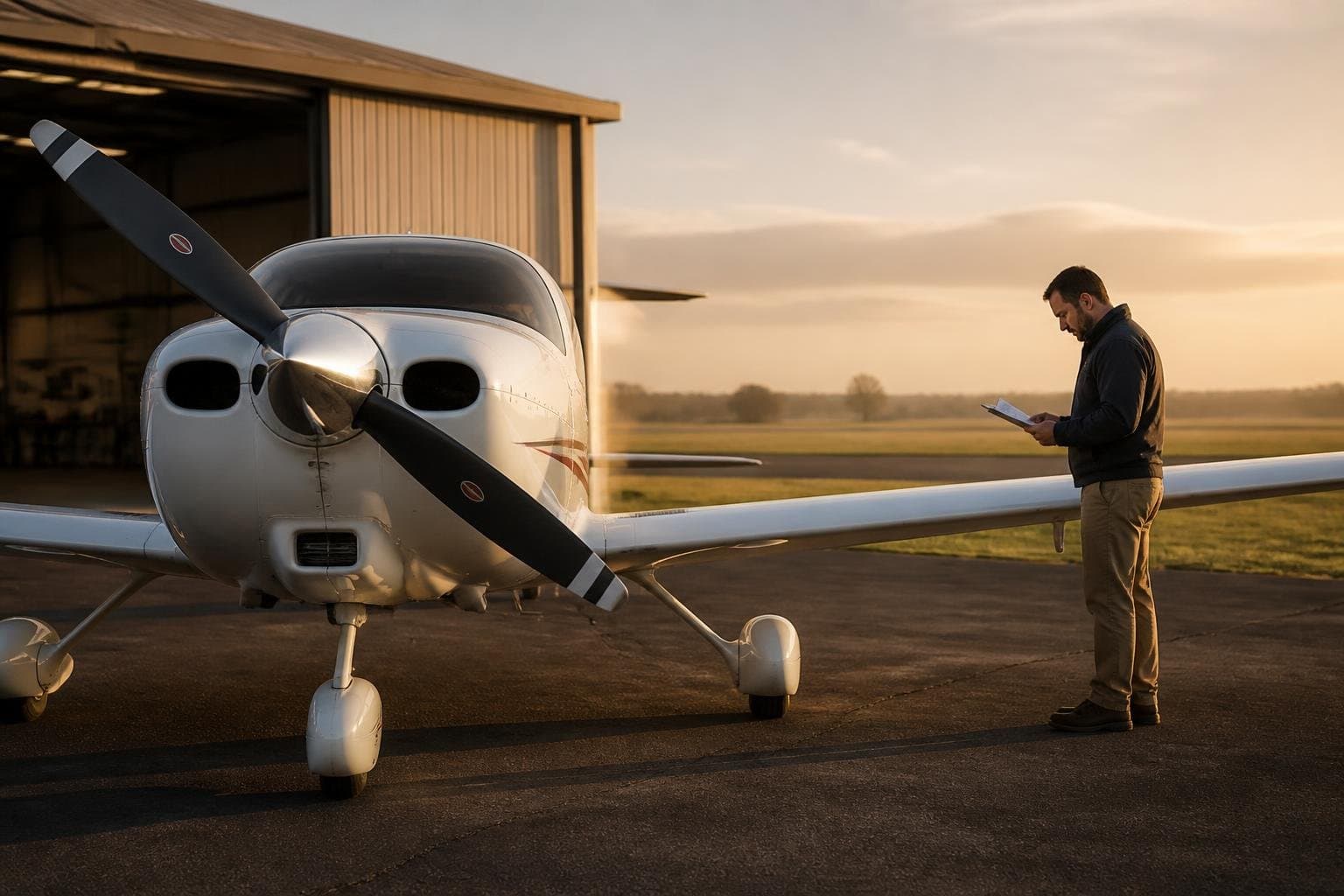 Generic single-engine airplane outside a maintenance hangar with an inspector reviewing paperwork