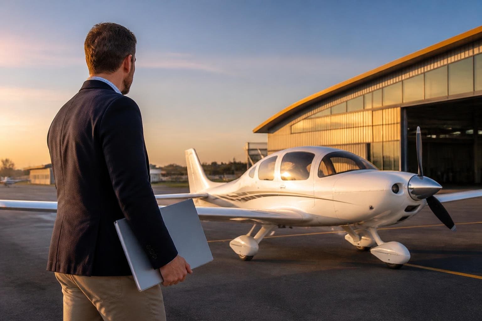 Buyer holding a document folder beside a light aircraft outside a European general aviation terminal