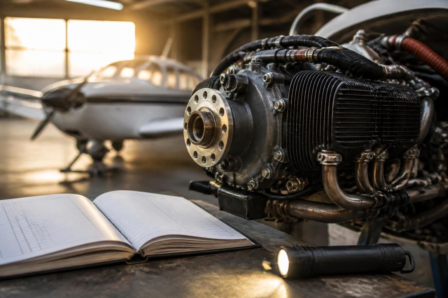 Clean piston aircraft engine, open maintenance logbook and mechanic’s inspection light on a workbench in a sunlit hangar