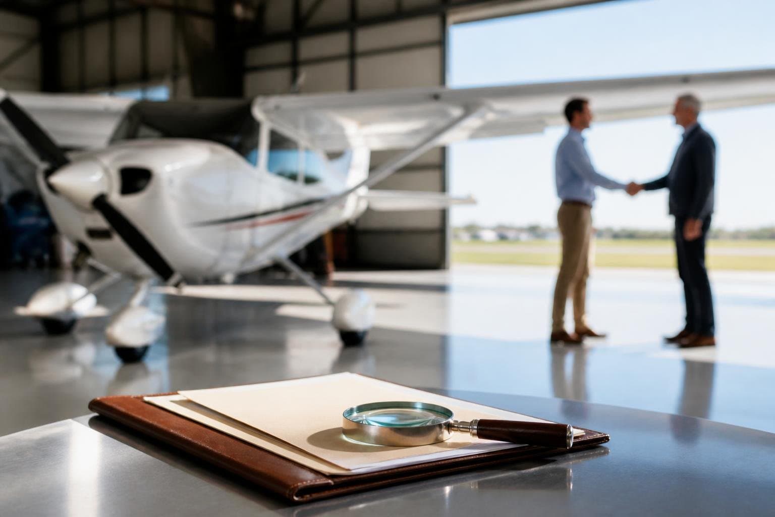 Generic light aircraft in a hangar with a document folder and magnifying glass in the foreground