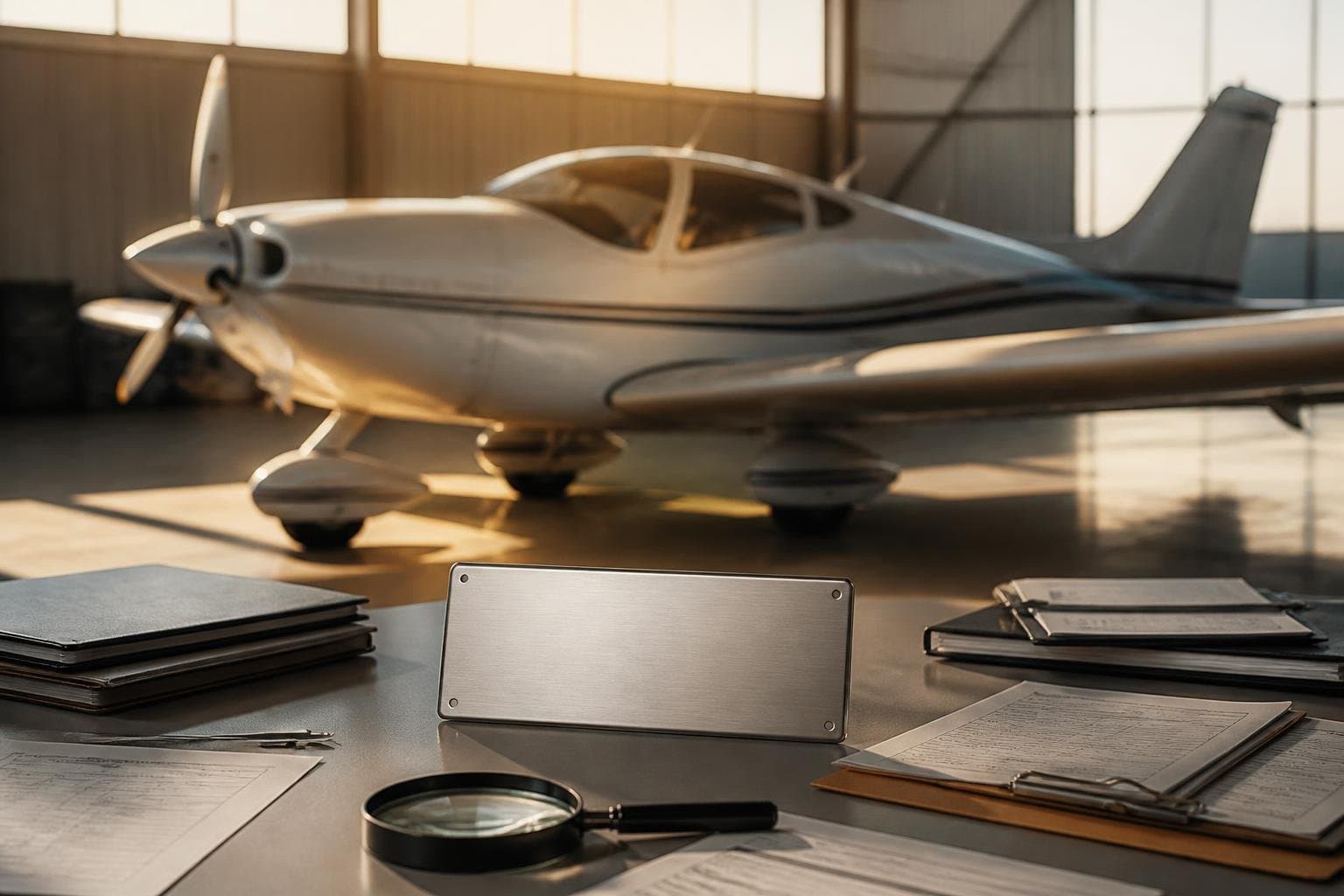 Aircraft documentation and data plate arranged in a hangar for title and ownership review