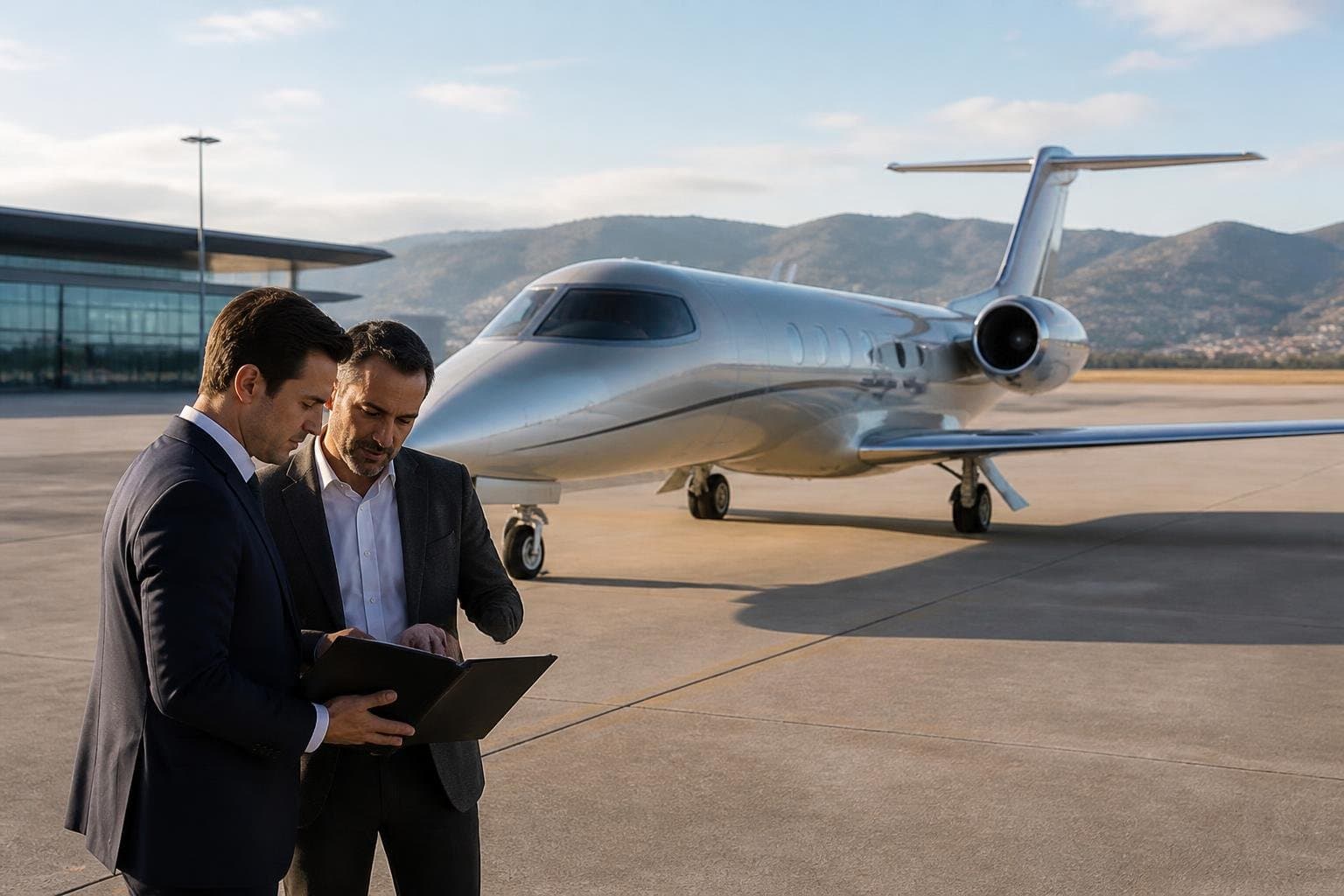 Buyer and tax adviser reviewing a document folder beside an unmarked light business aircraft on a European apron