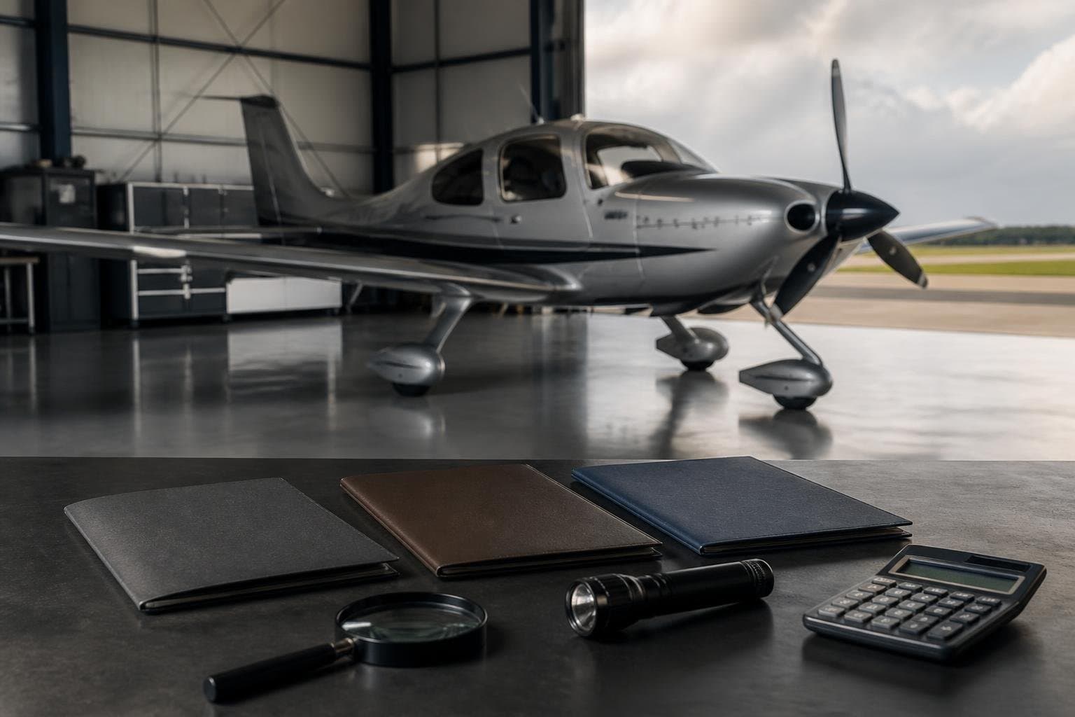 Aircraft valuation documents, calculator and inspection flashlight in a modern hangar