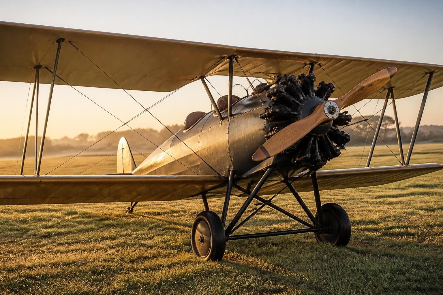 Beautifully preserved vintage open-cockpit biplane on a dew-covered grass airfield at sunrise