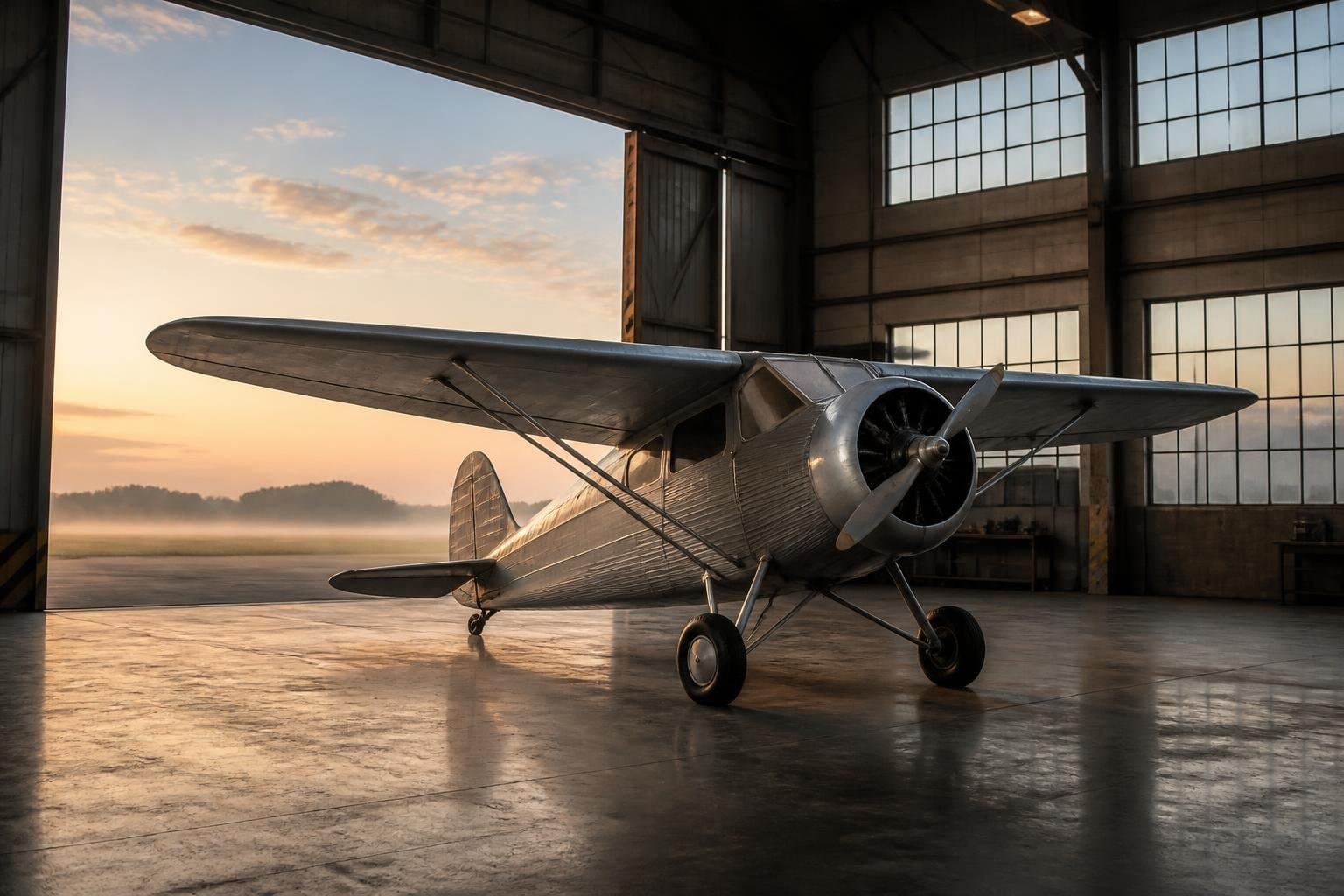 Classic single-engine aircraft in a historic hangar at dawn with a misty airfield beyond