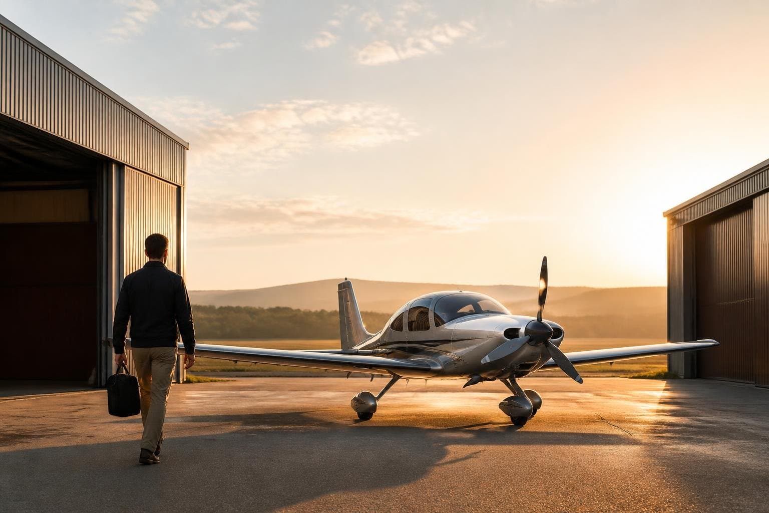 Buyer carrying a document case toward a light aircraft between European hangars at sunrise