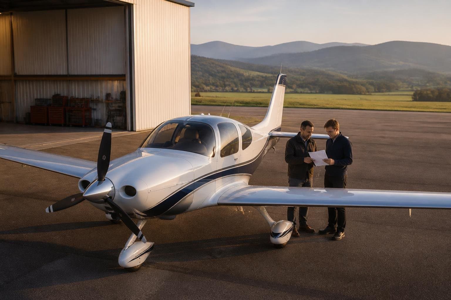 Buyer and pilot reviewing documents beside an unmarked light aircraft on a European apron