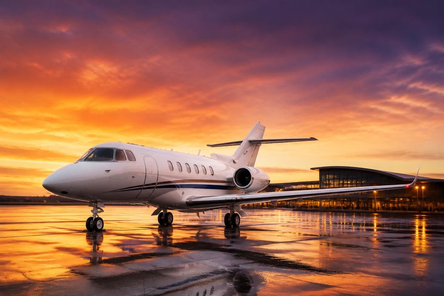 A Hawker 800XP private jet with a white, navy, and gold livery parked on a glossy airport tarmac under a colorful sunset sky.
