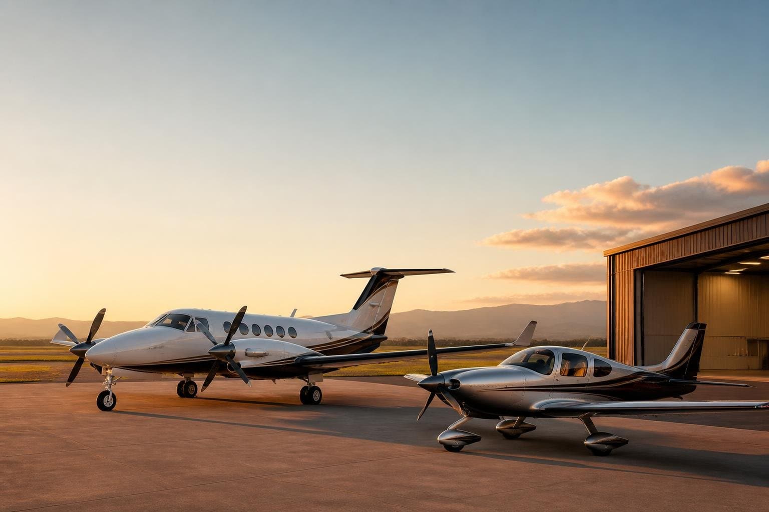 Polished twin-turboprop business aircraft and sleek piston single on a sunlit executive airport ramp