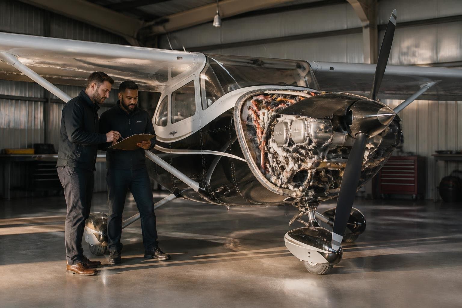 Two inspectors examine a high-wing retractable single-engine aircraft with its cowling removed in a maintenance hangar