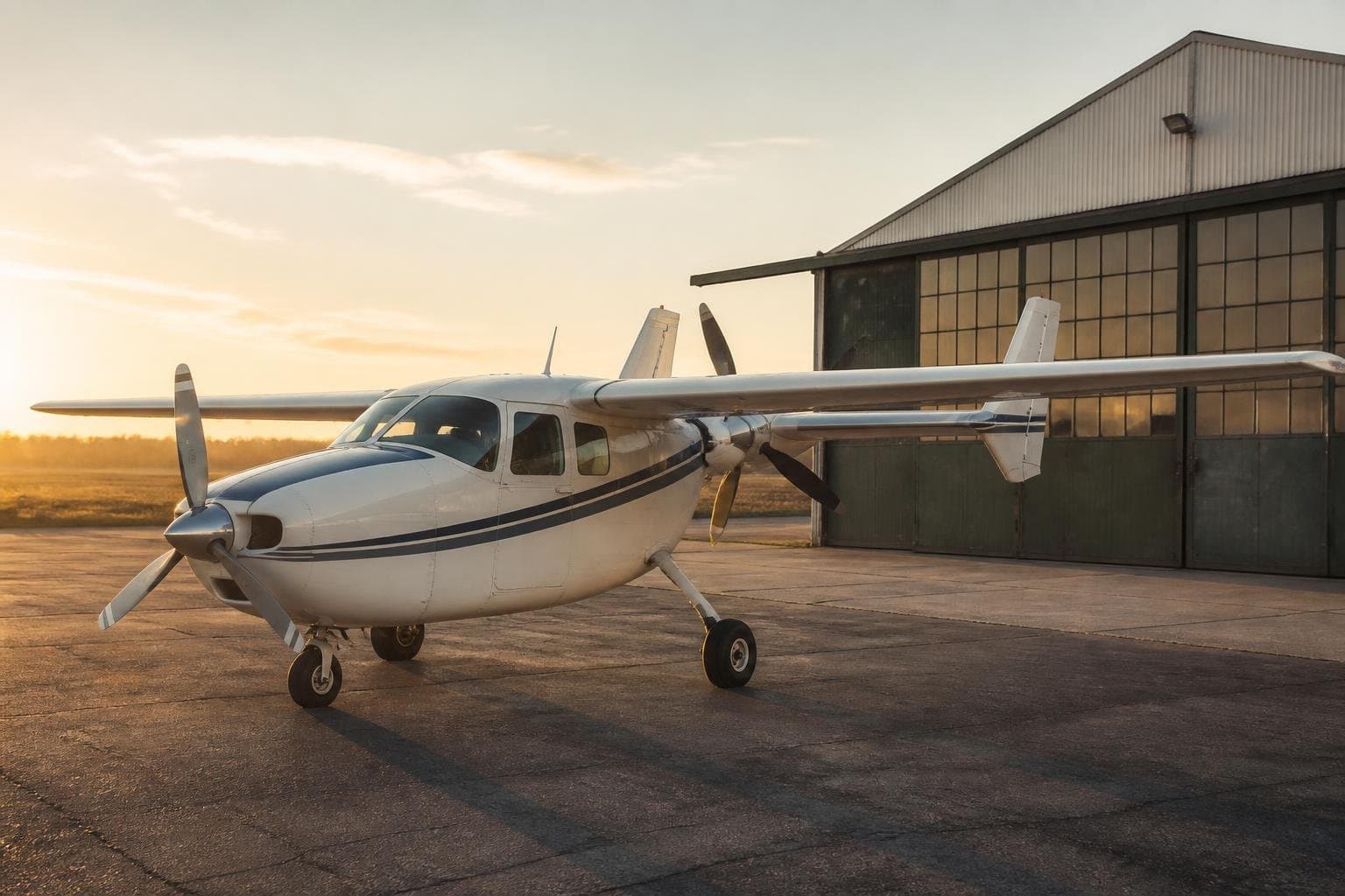 Cessna 337-style push-pull twin outside a vintage general aviation hangar at golden hour