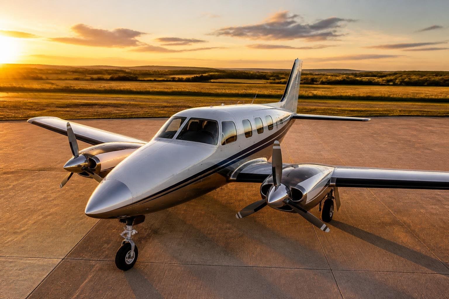 Classic pressurized twin-engine aircraft on a clean airport ramp at golden hour