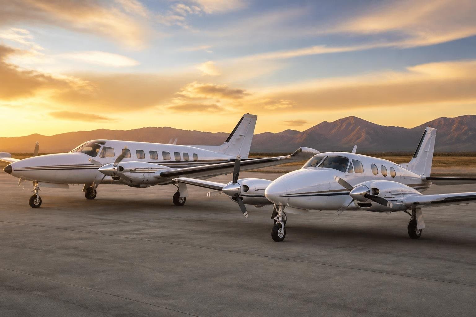 Two unmarked classic pressurized Cessna piston twins on an airport apron at golden hour with mountains behind.