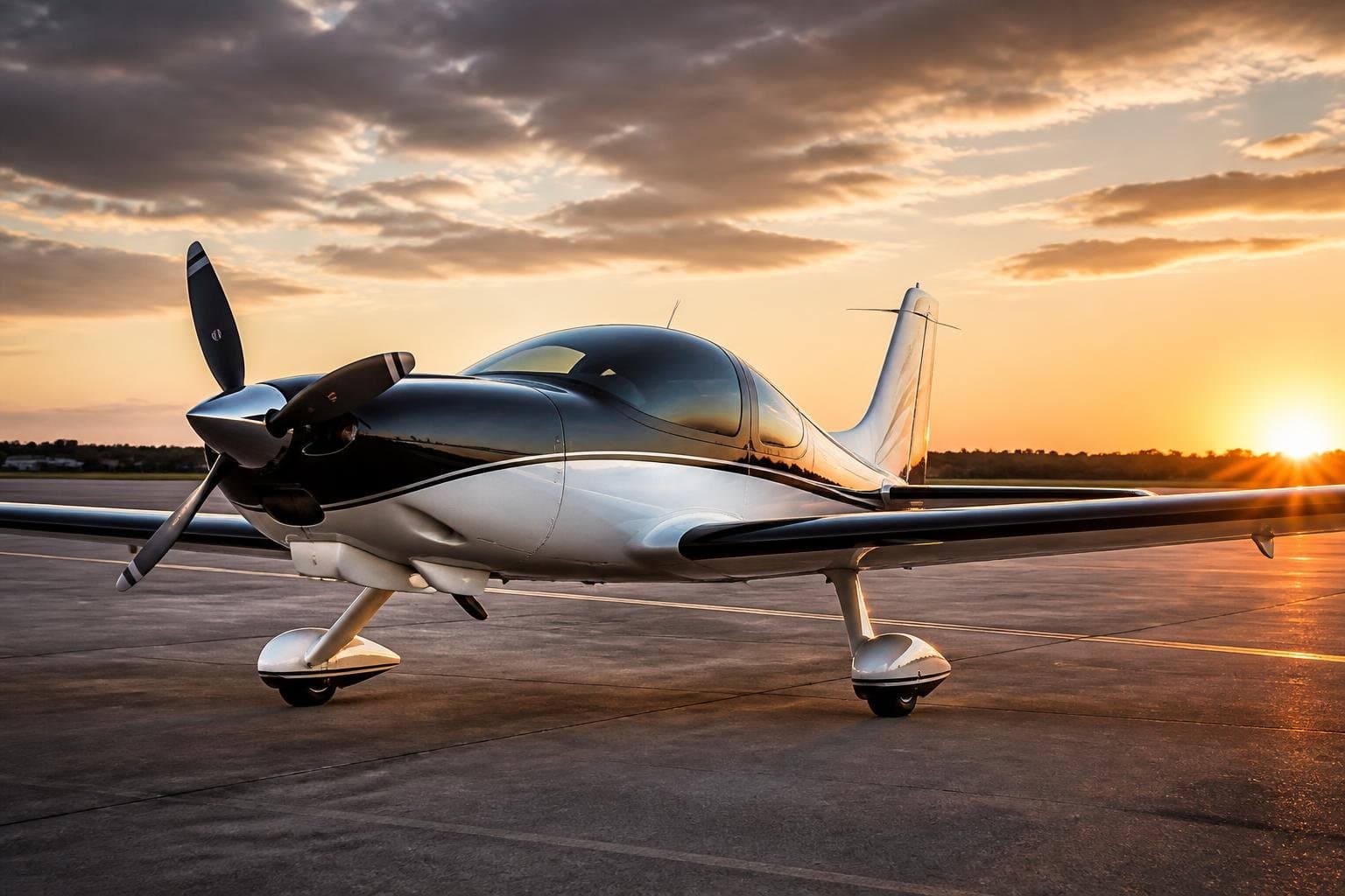 Sleek composite high-performance single-engine aircraft on an airport ramp at golden hour