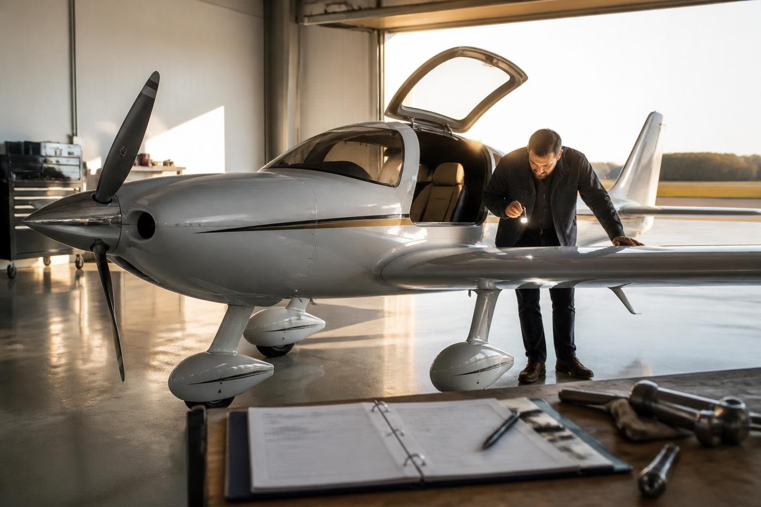 Inspector examining the wing of a composite single-engine aircraft in a maintenance hangar beside maintenance records