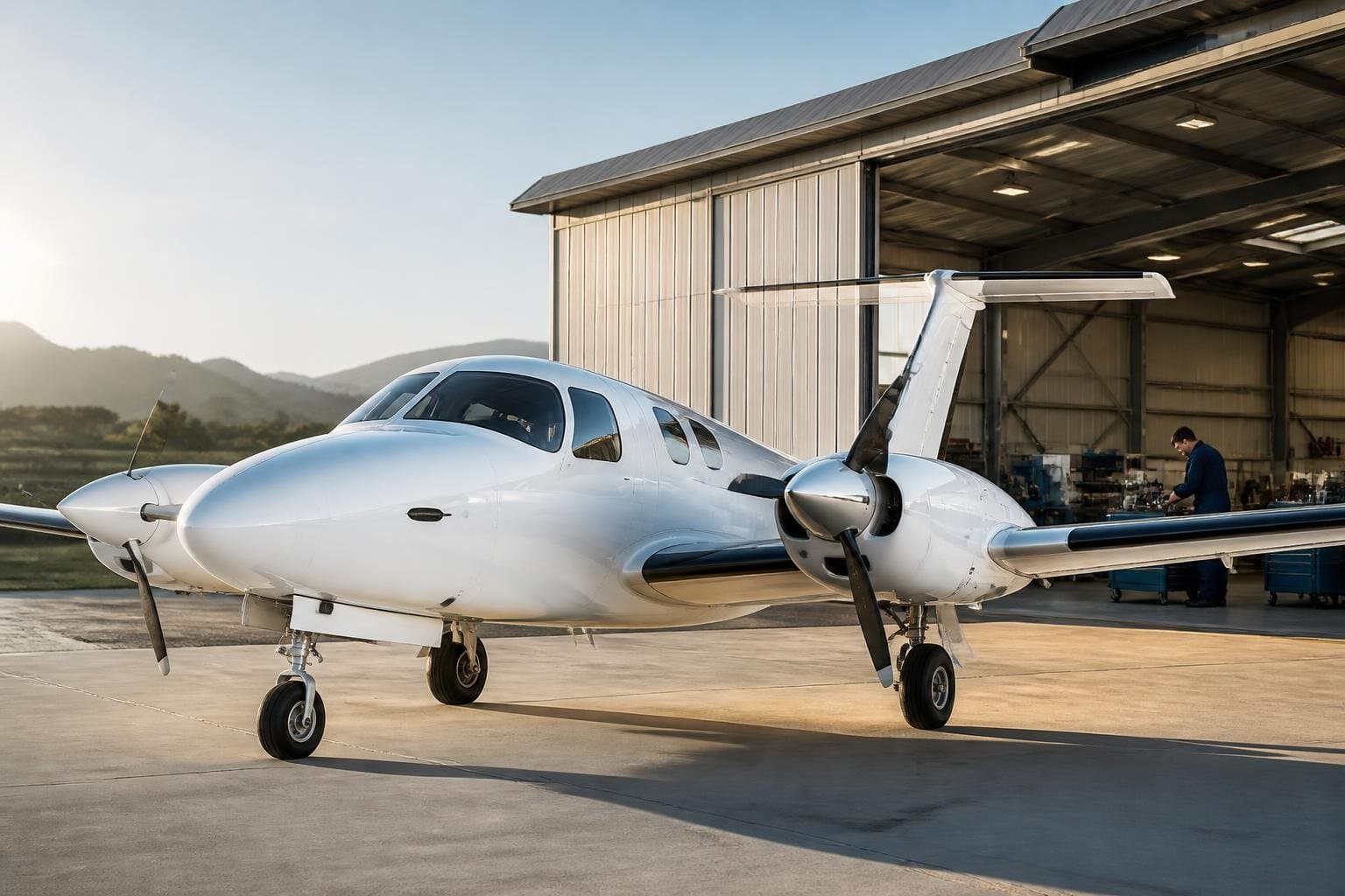 White composite diesel twin on a sunlit apron beside an open maintenance hangar, with a mechanic in the background