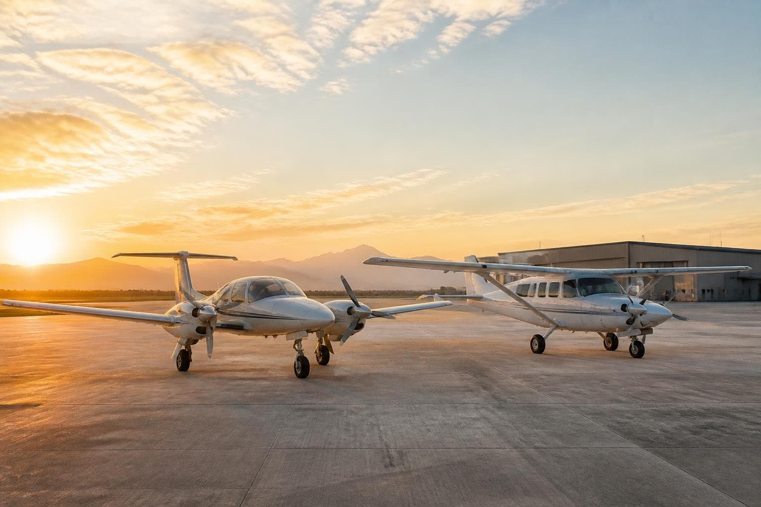Two modern light twin training aircraft, one low-wing and one high-wing, parked side by side on an academy apron at sunrise