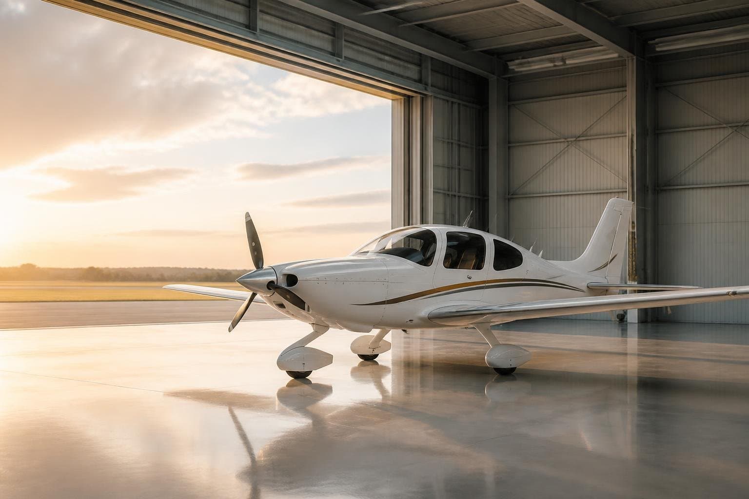A pristine single-engine piston plane parked inside a sunlit, modern aircraft hangar with a reflective polished floor.