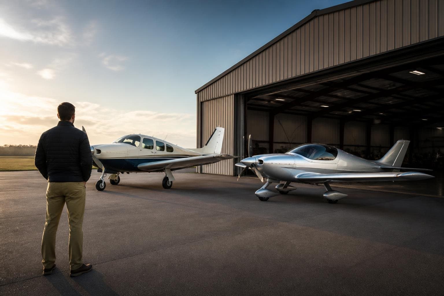 Certified touring airplane and sleek homebuilt aircraft parked side by side as a buyer compares them