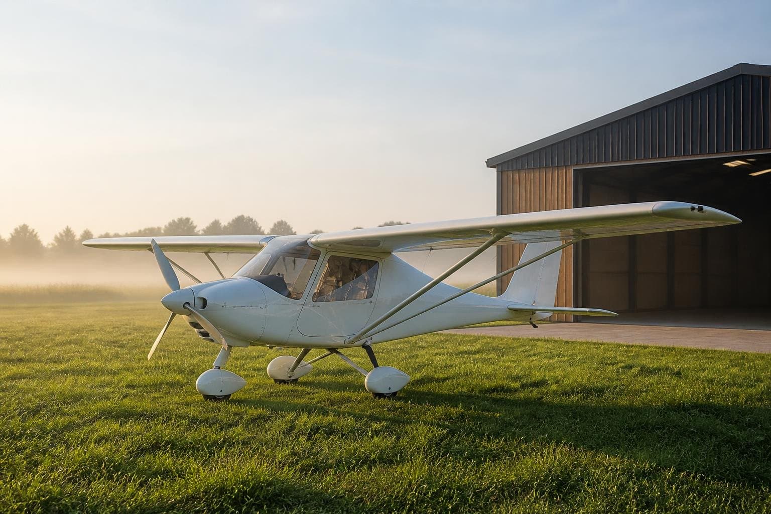 Unmarked Ikarus C42-style aircraft on a misty grass runway beside a rural hangar in golden morning light