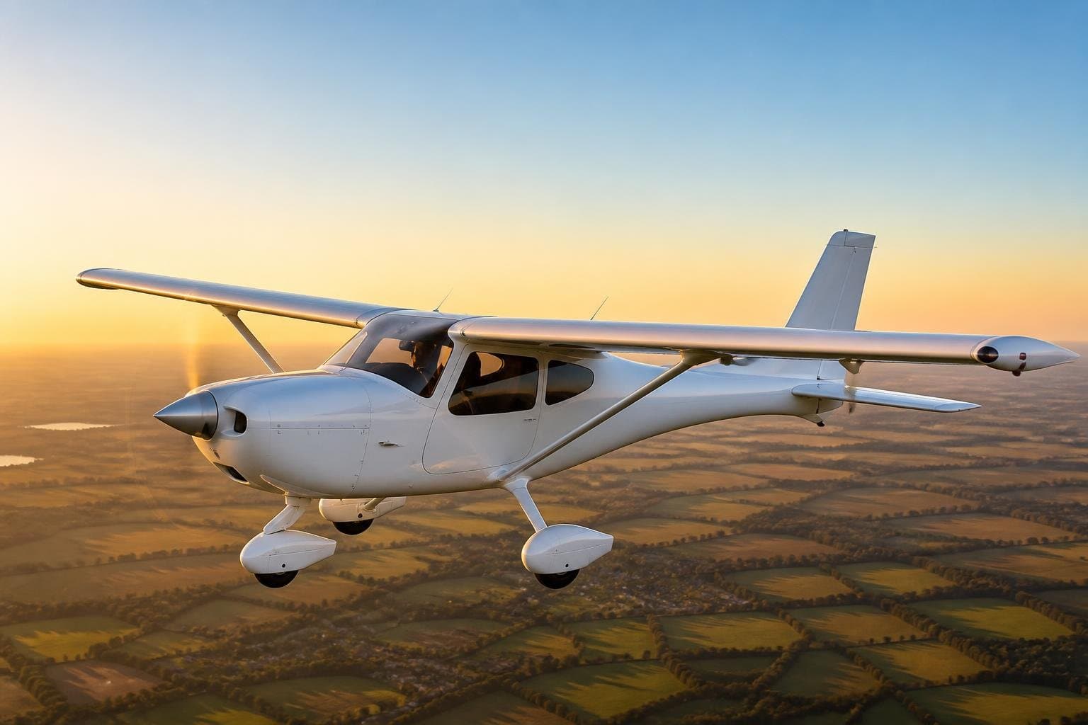 Modern white composite high-wing light aircraft flying above patchwork countryside at golden hour