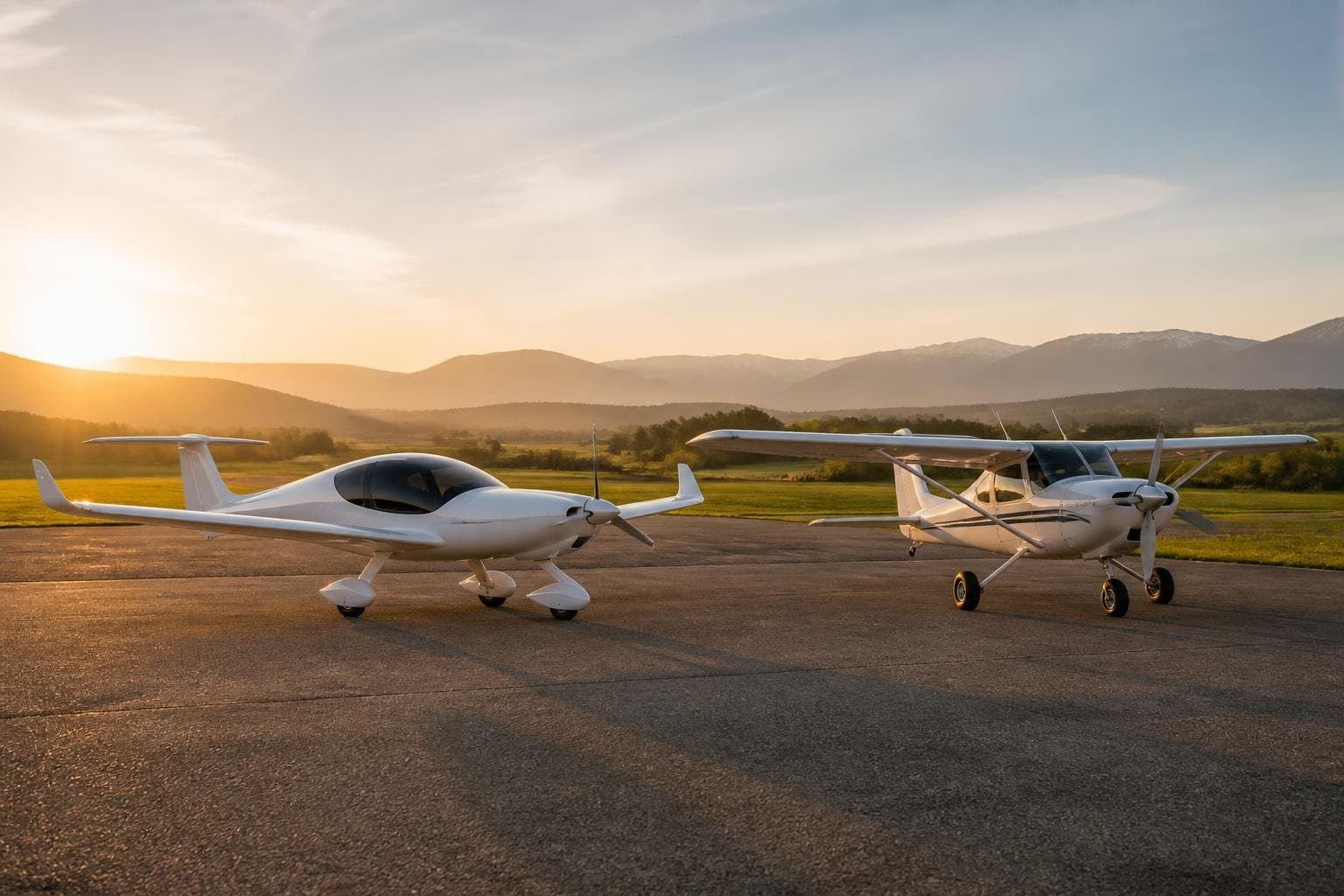 Two contrasting unmarked high-wing light aircraft parked side by side at a sunrise airfield