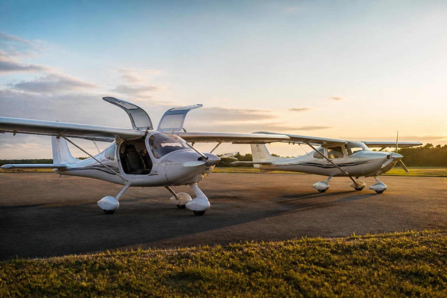 Two modern high-wing light sport touring aircraft parked beside a quiet runway at golden hour