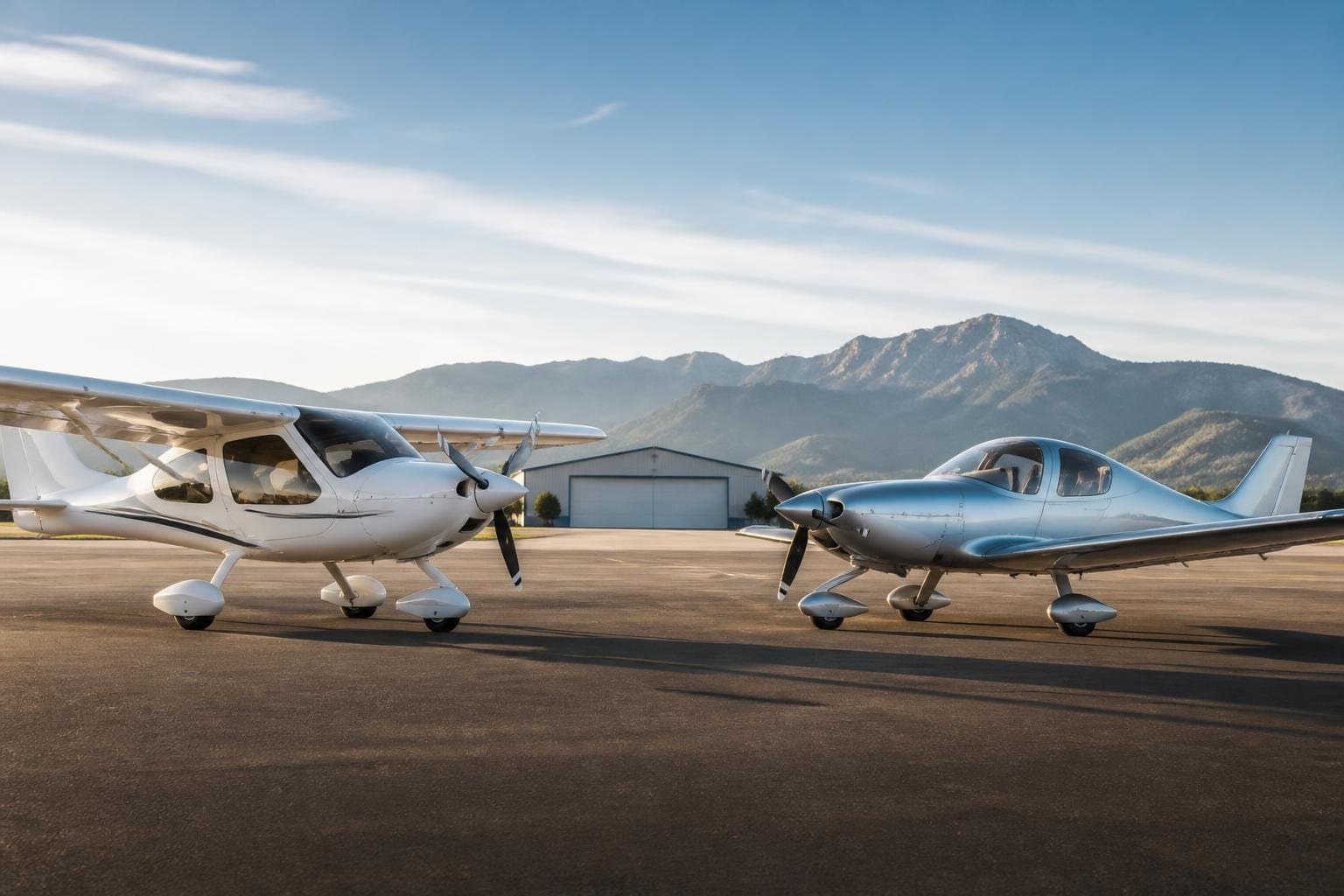 Composite high-wing and metal low-wing light sport aircraft facing each other on a sunlit ramp with mountains behind