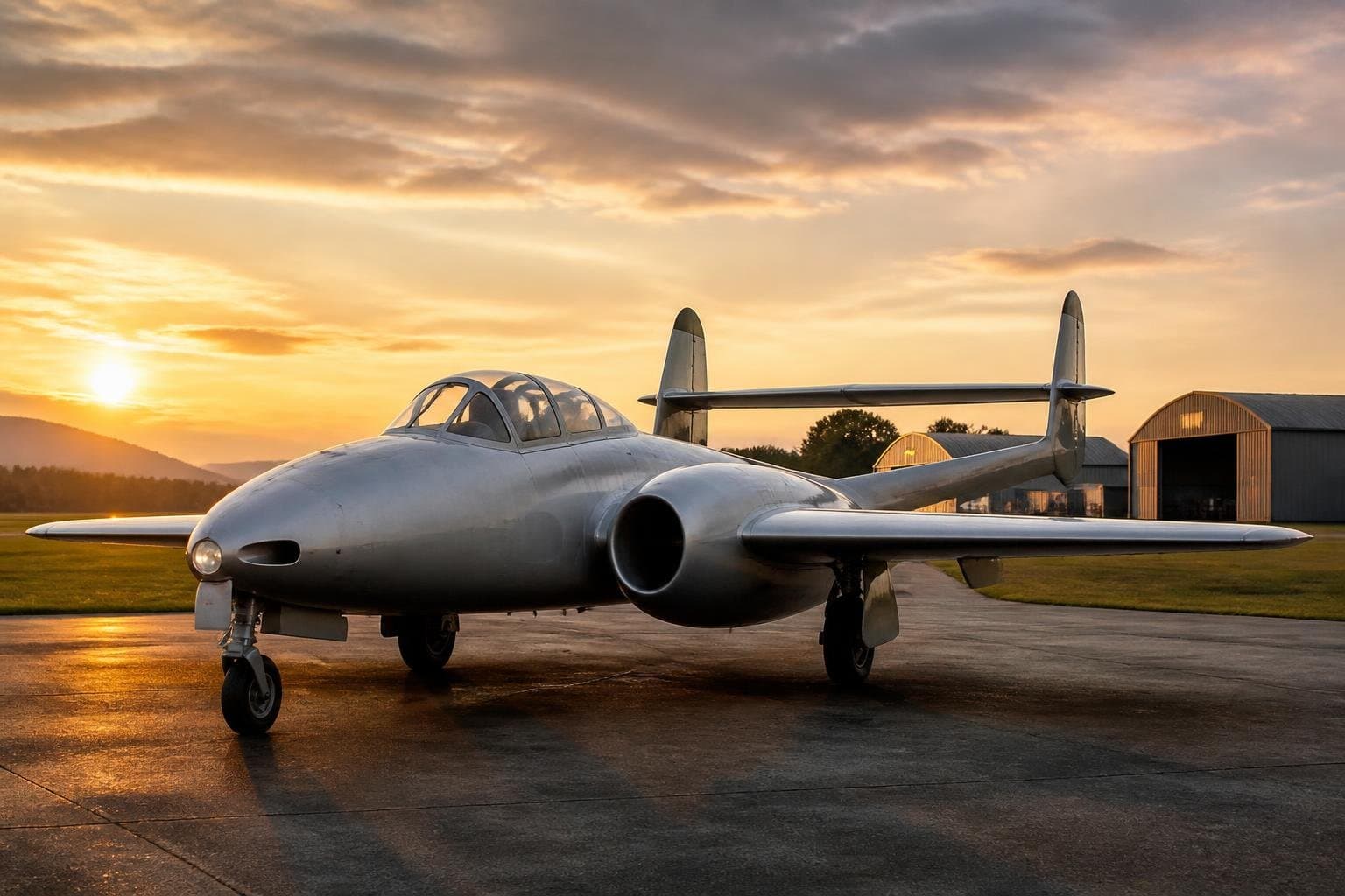 Classic French-style twin-engine jet trainer with a butterfly tail on a heritage airfield at sunrise