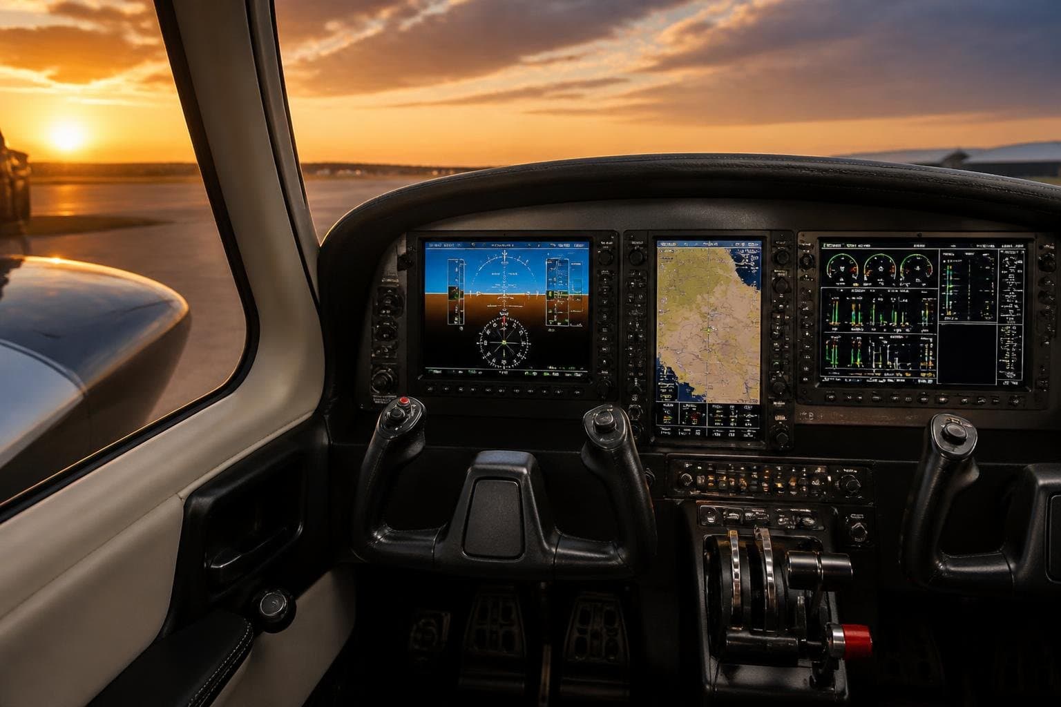 Modern general aviation cockpit with softly glowing glass avionics overlooking a sunset airport ramp