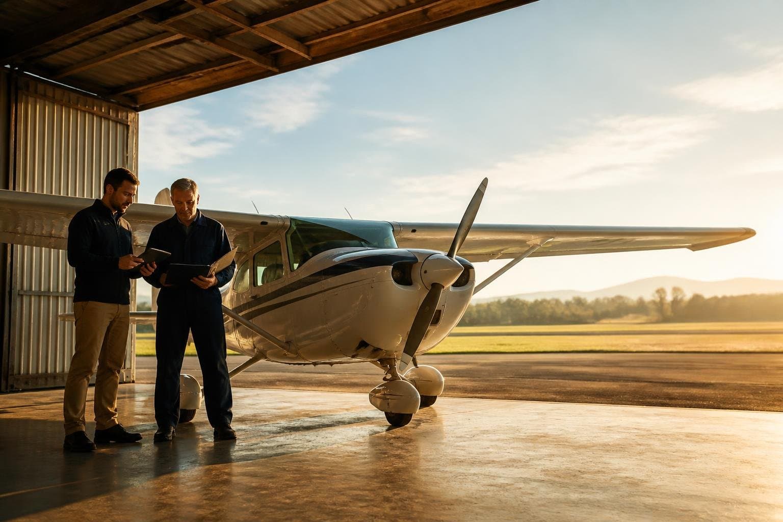 Buyer with a tablet and mechanic reviewing documents beside a light aircraft in an open hangar