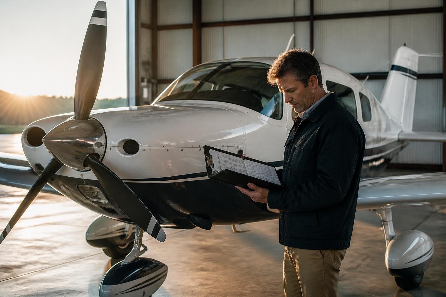 Experienced aircraft buyer reviewing a maintenance logbook beside a polished light airplane in a hangar