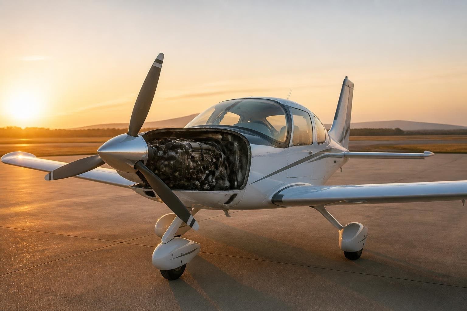 Modern diesel-powered light touring aircraft with its cowling open on an airport apron at sunrise