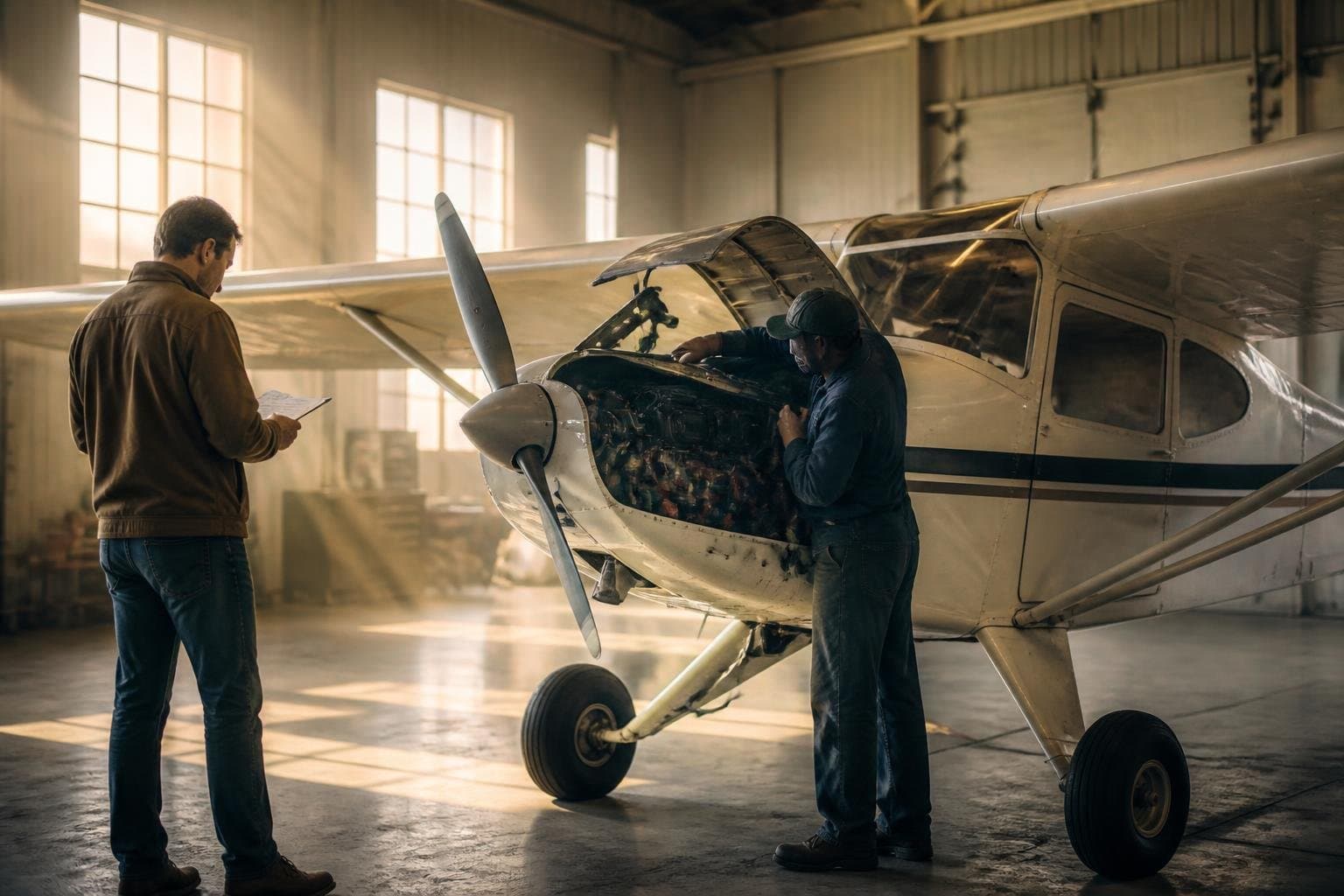 Mechanic inspecting an open aircraft engine while a prospective buyer reviews records in a quiet hangar