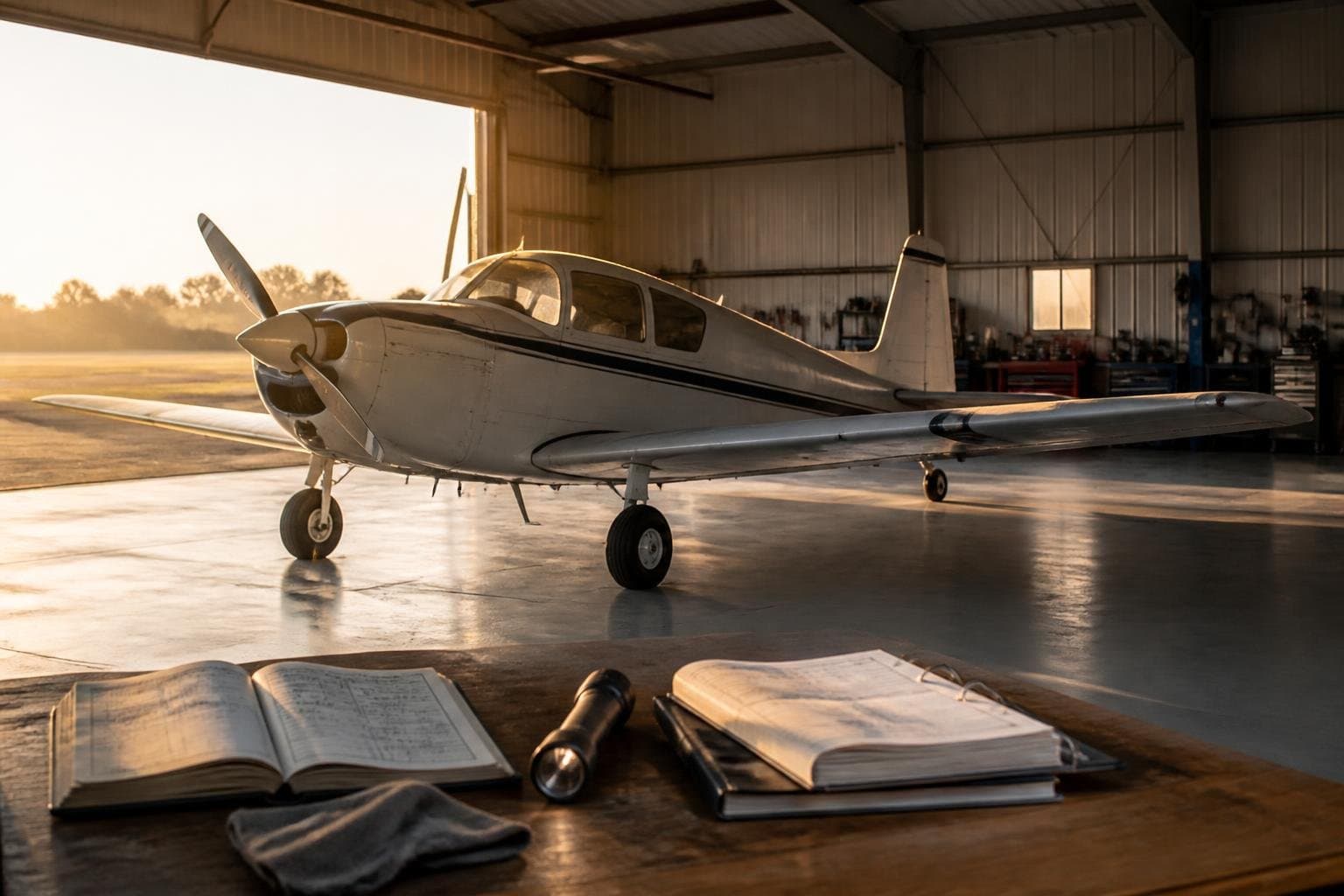 Carefully preserved older single-engine aircraft in a hangar with maintenance logbooks and a mechanic's flashlight in the foreground