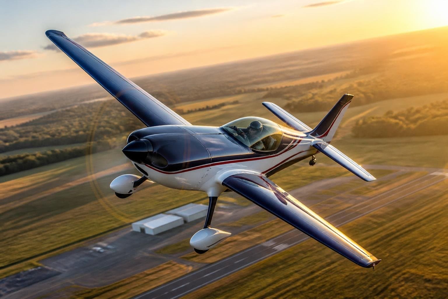 Single-seat composite aerobatic aircraft banking above a countryside airfield at golden hour