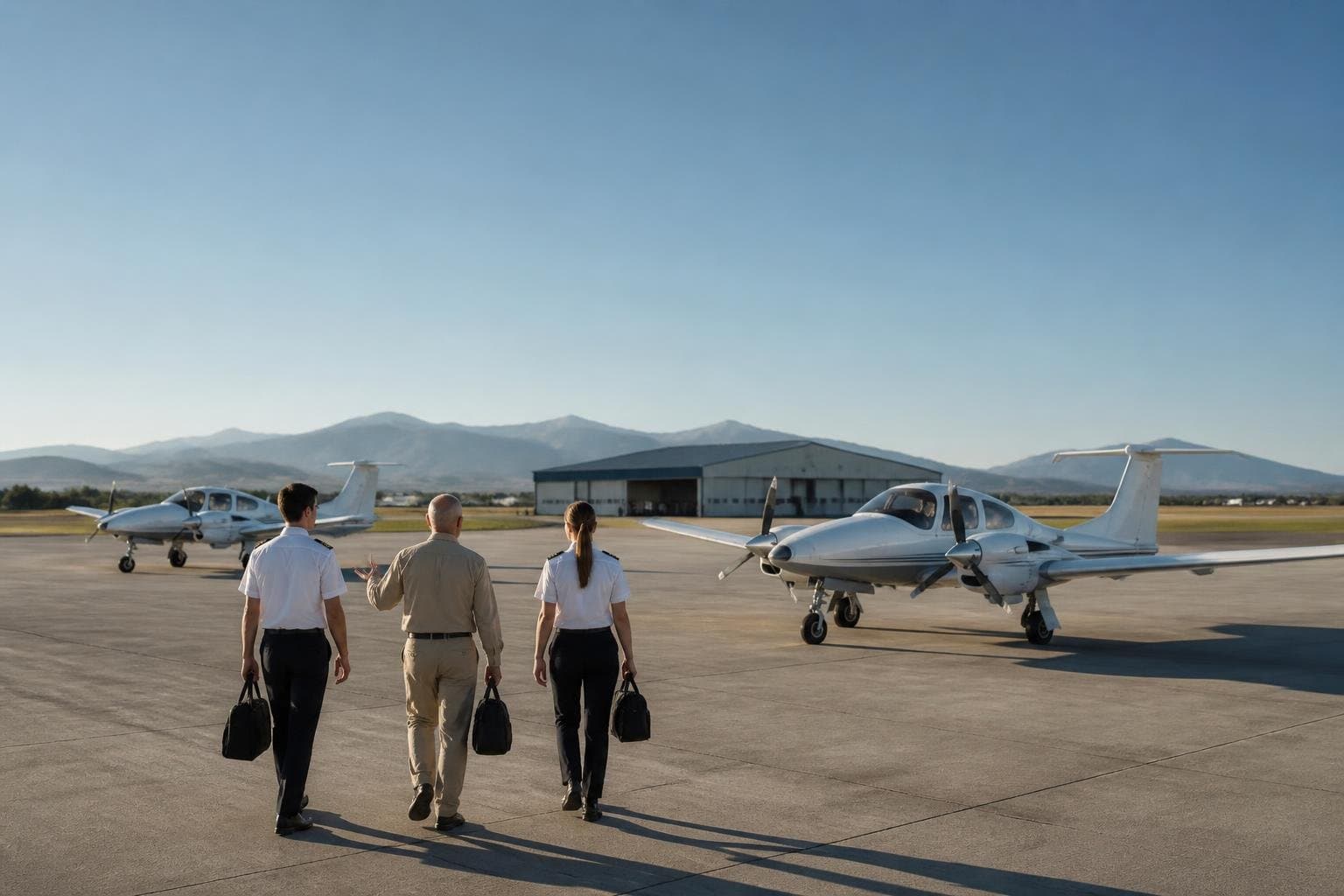 Two light twin-engine training aircraft on a flight school apron as an instructor and students approach in early morning light