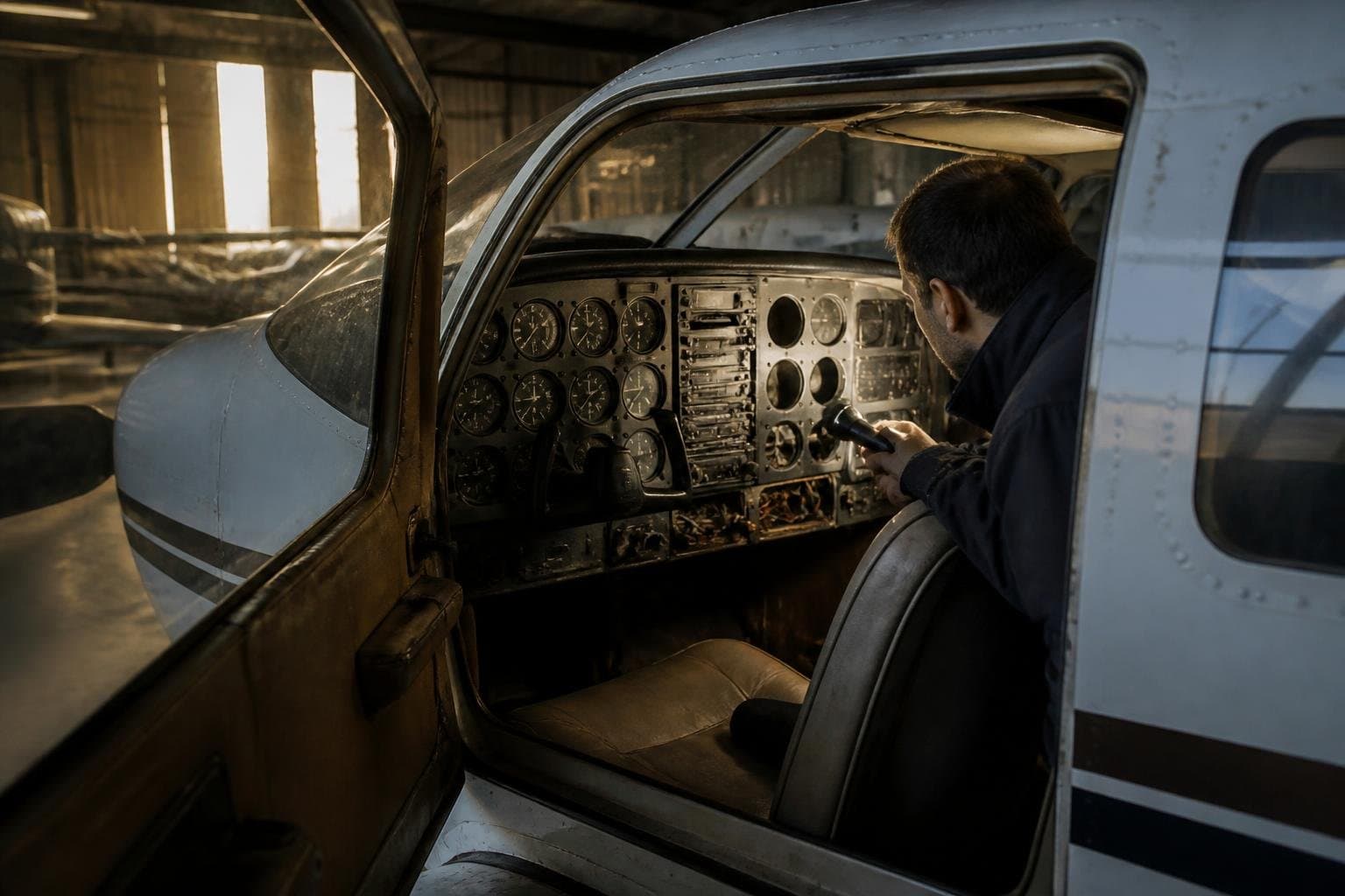 Technician inspecting an aging cockpit panel through the open door of a used single-engine aircraft in a hangar