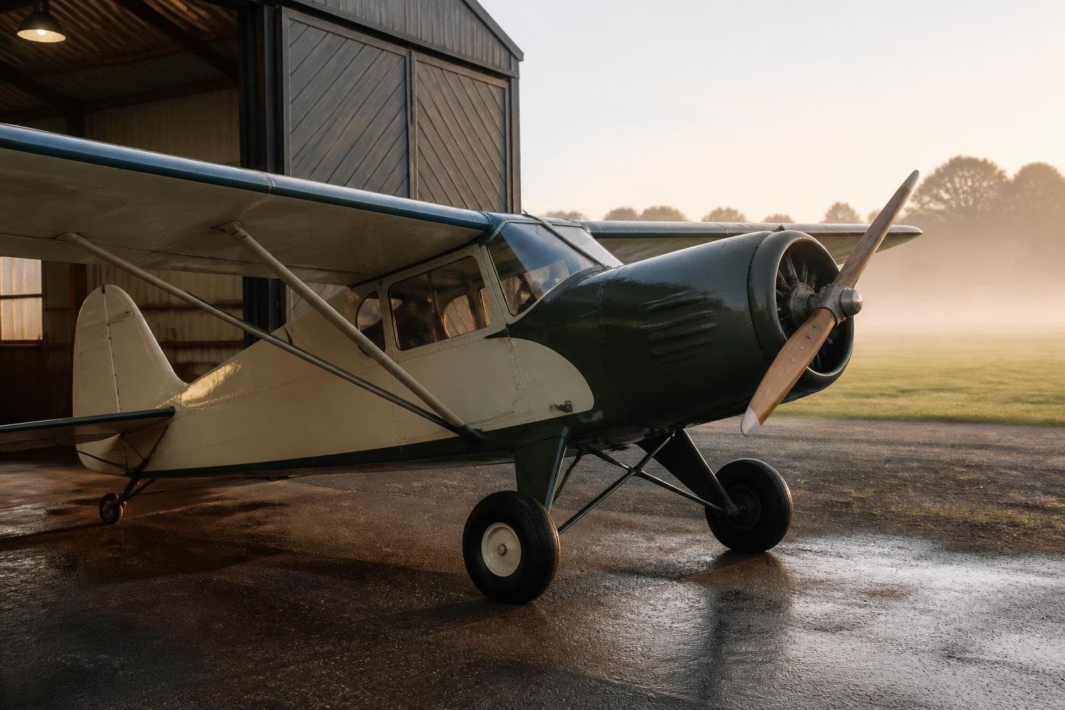 Beautifully preserved vintage taildragger outside a traditional European hangar at dawn