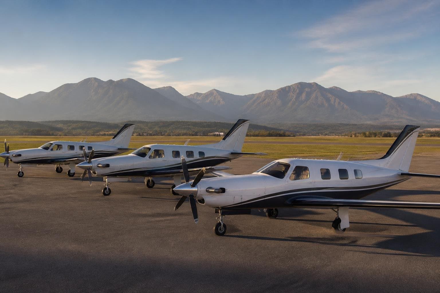 Three unmarked PA-46 family aircraft on a sunlit executive airport ramp with mountains beyond