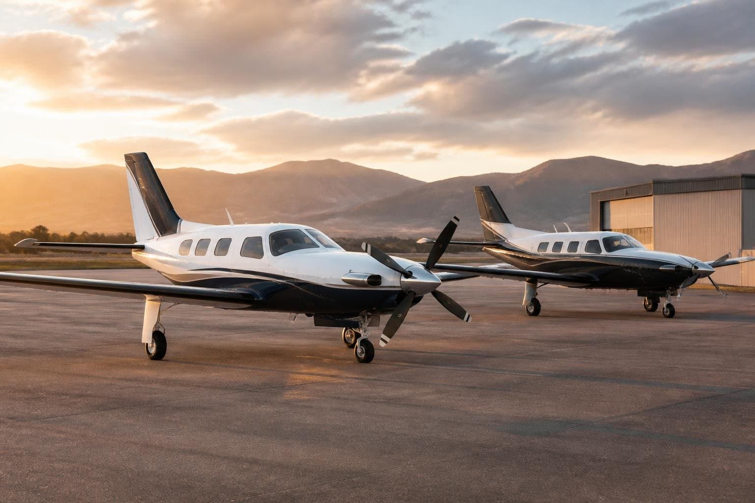 Piston-powered and turboprop-powered PA-46-class aircraft on an executive airport apron at golden hour