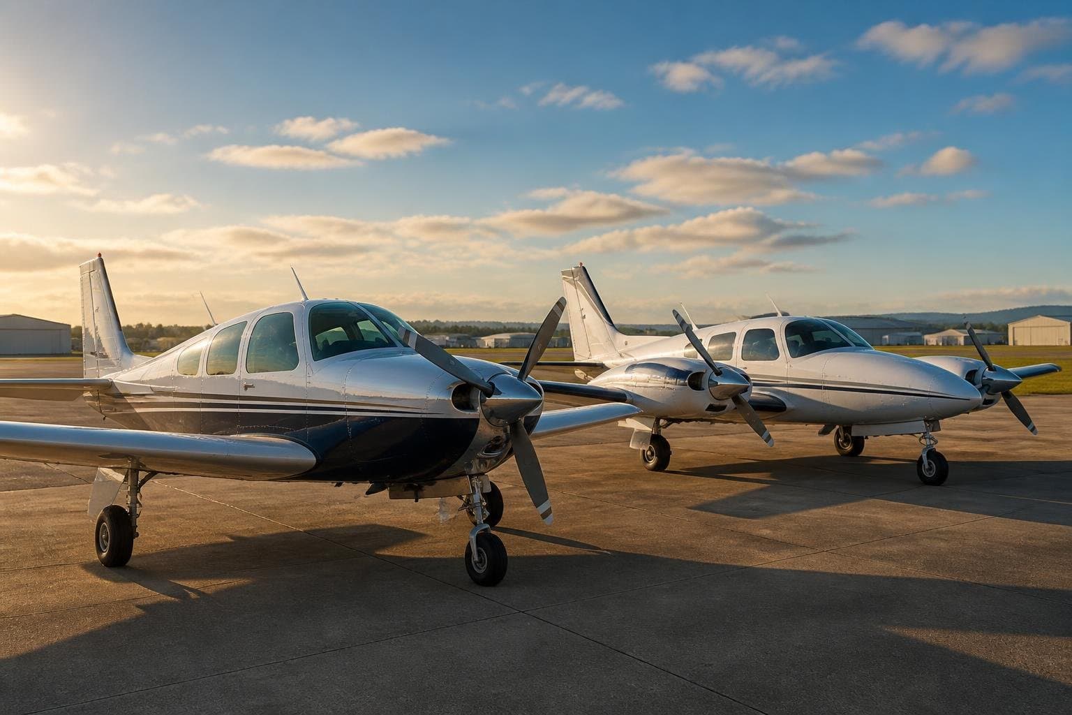 Polished generic piston single and compact light twin parked side by side on a sunlit regional airport apron
