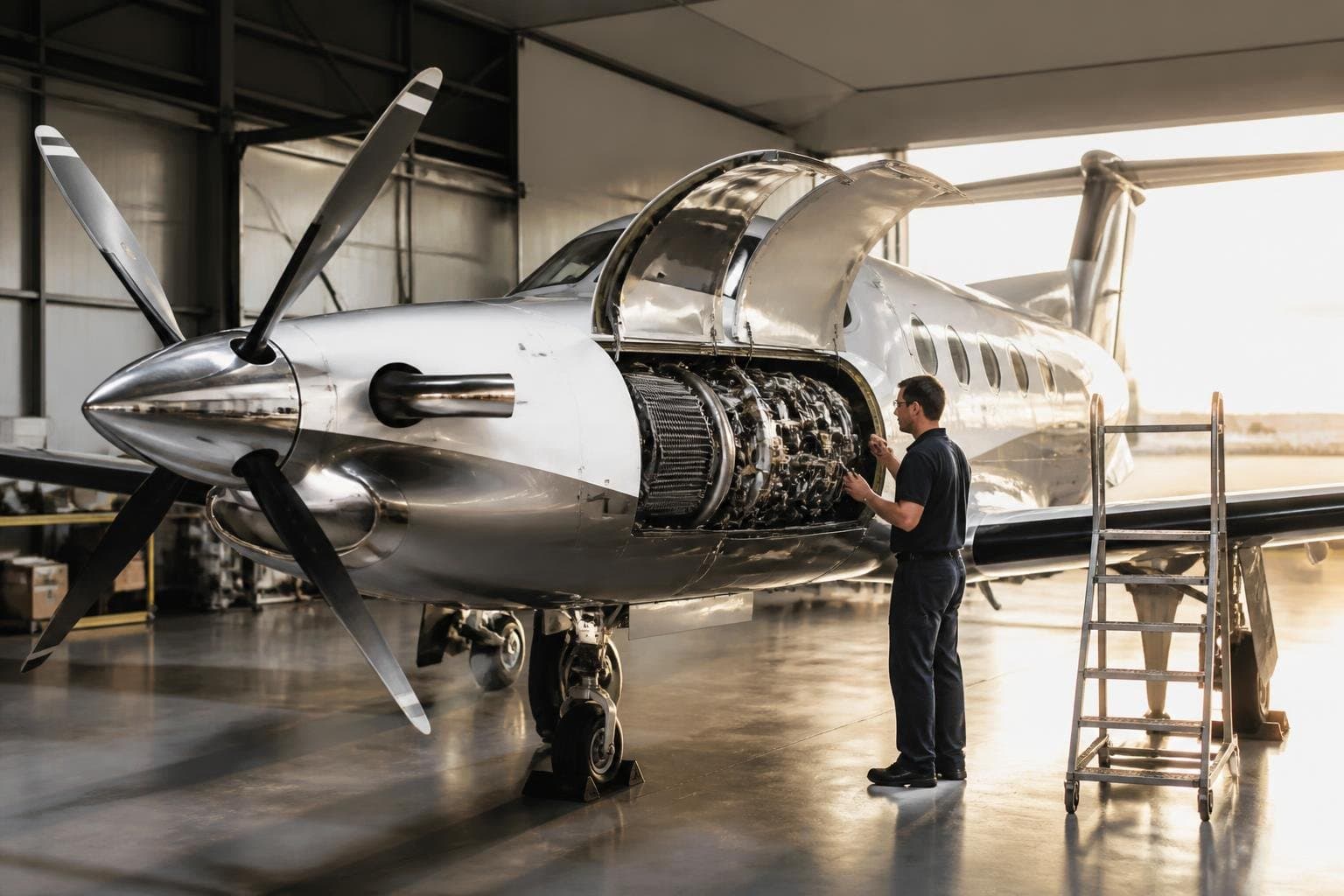 Polished turboprop aircraft with an open engine cowling in a sunlit maintenance hangar as a technician reviews components