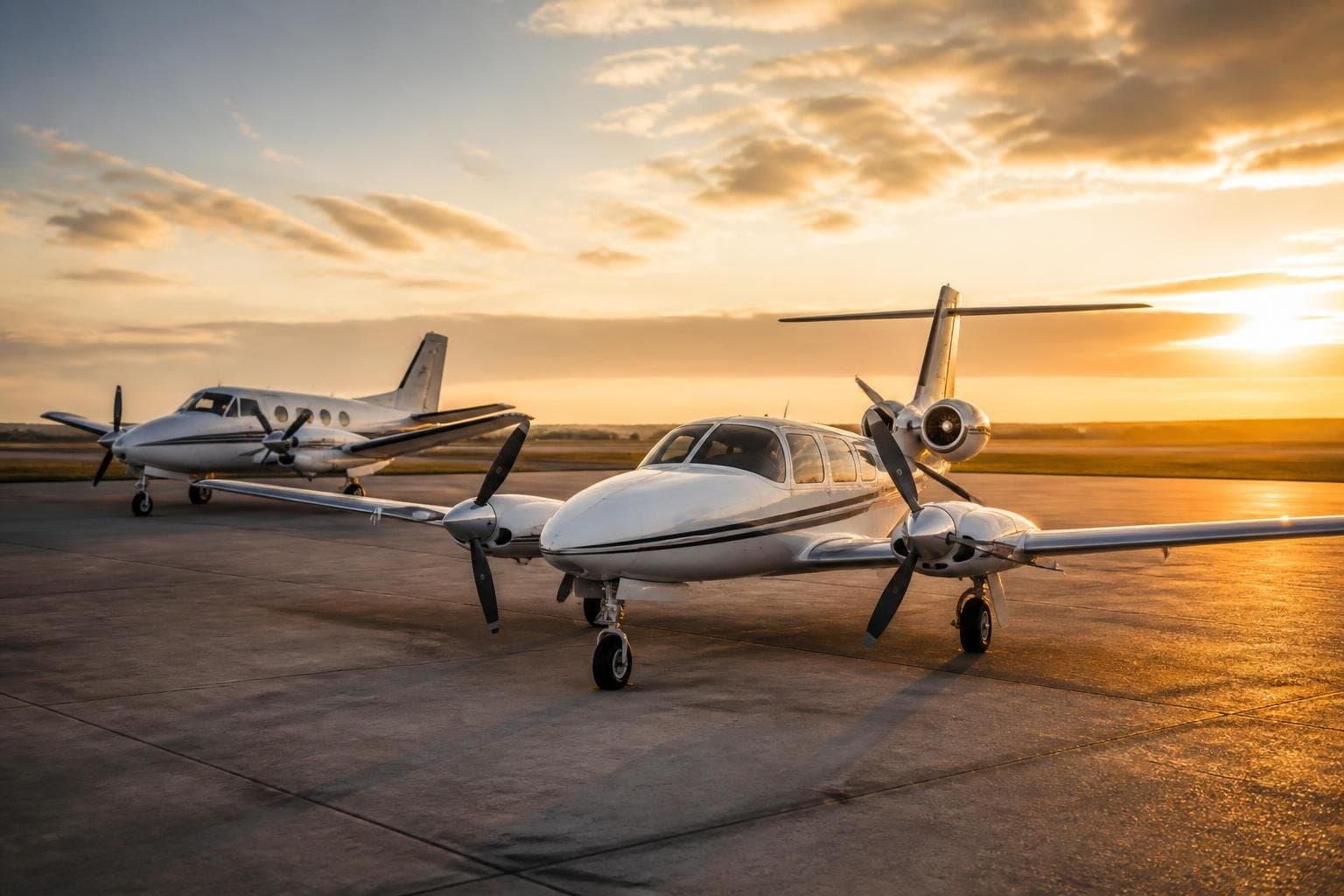 Centreline-thrust push-pull aircraft in front of a conventional wing-engine light twin on an airport apron at golden hour