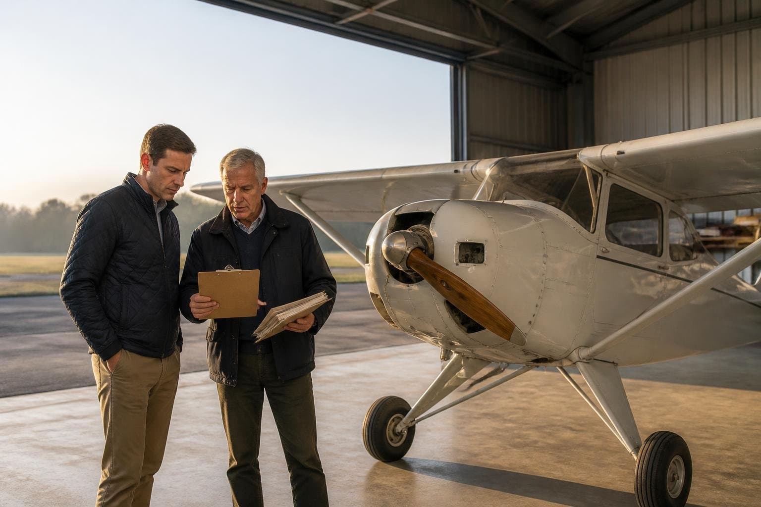 Prospective buyer and seller reviewing maintenance folders beside an unmarked vintage-style light aircraft in an open hangar