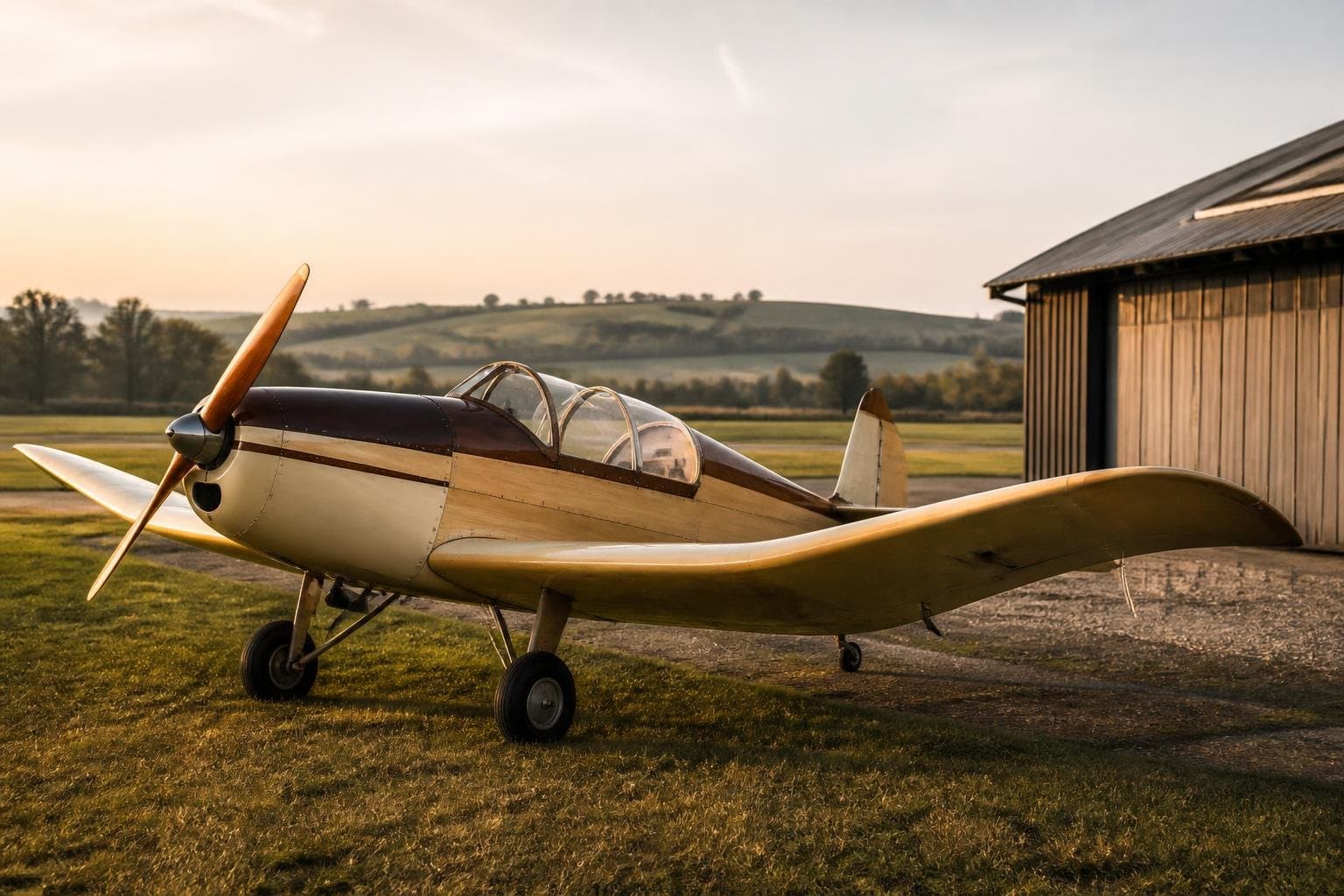 Classic French low-wing wooden touring aircraft beside a grass runway at sunrise