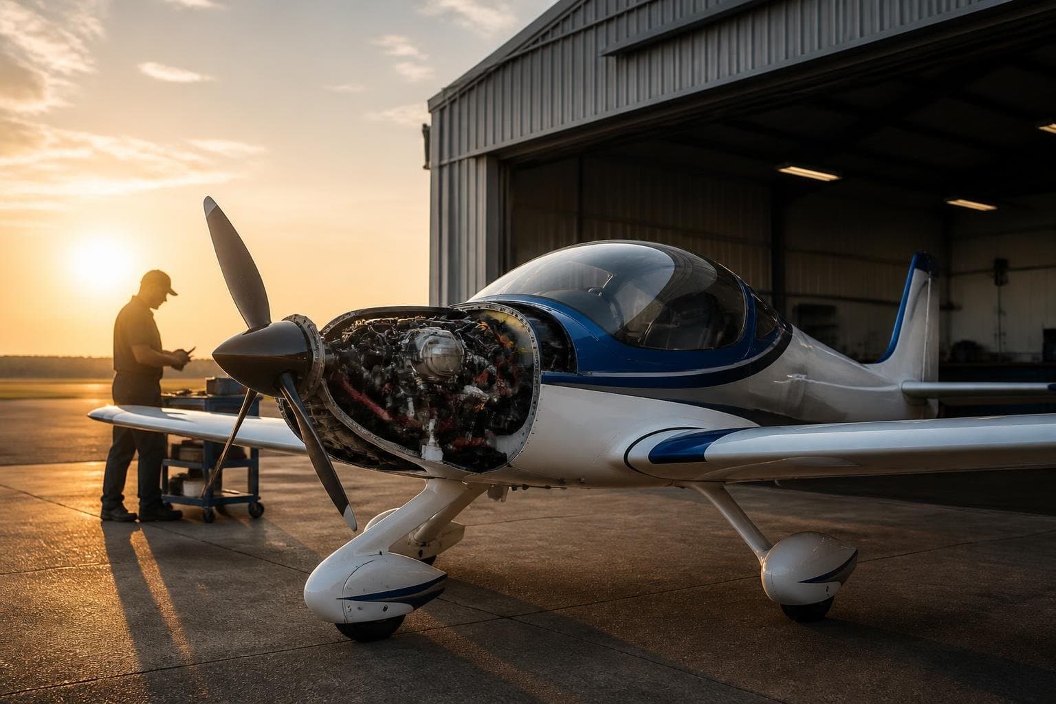 Light sport aircraft with exposed fuel-injected engine outside a maintenance hangar at sunrise
