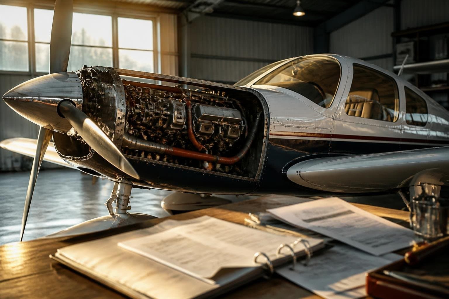 Open-cowling classic piston aircraft in a clean hangar beside indistinct maintenance records