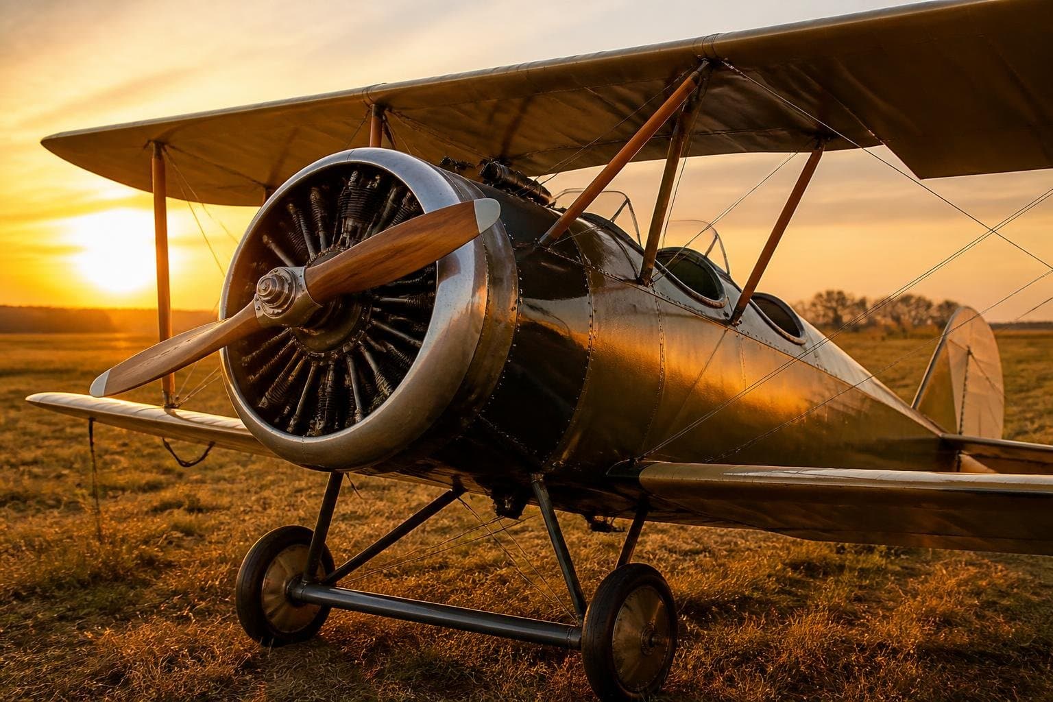 Preserved vintage open-cockpit radial-engine biplane on a grass airfield at sunrise