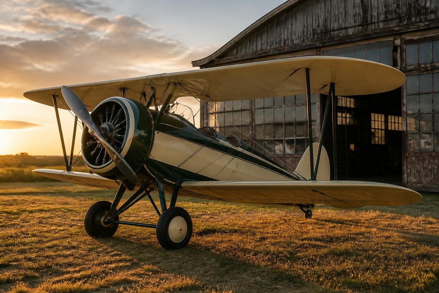 Restored vintage open-cockpit biplane beside a historic hangar at sunrise